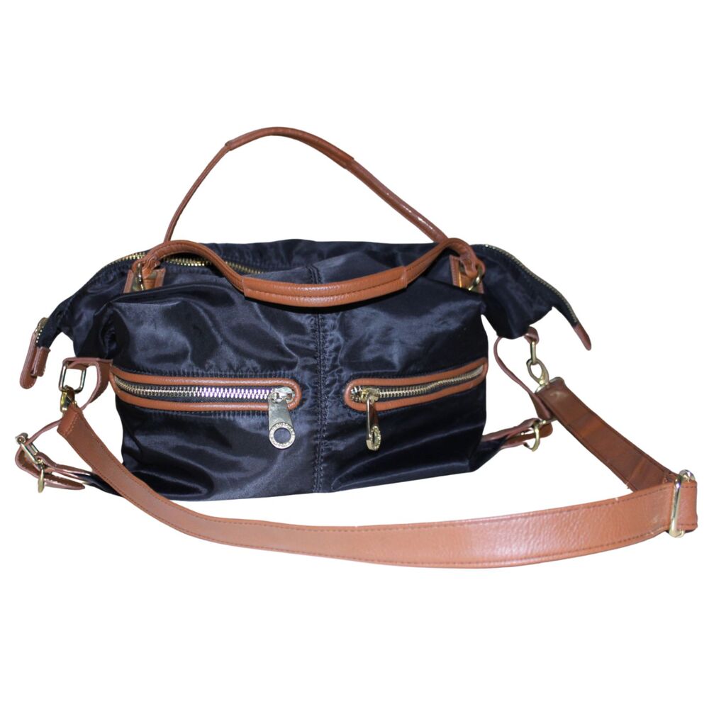 Big Buddha Black Nylon Brown Trim Convertible Satchel Bag